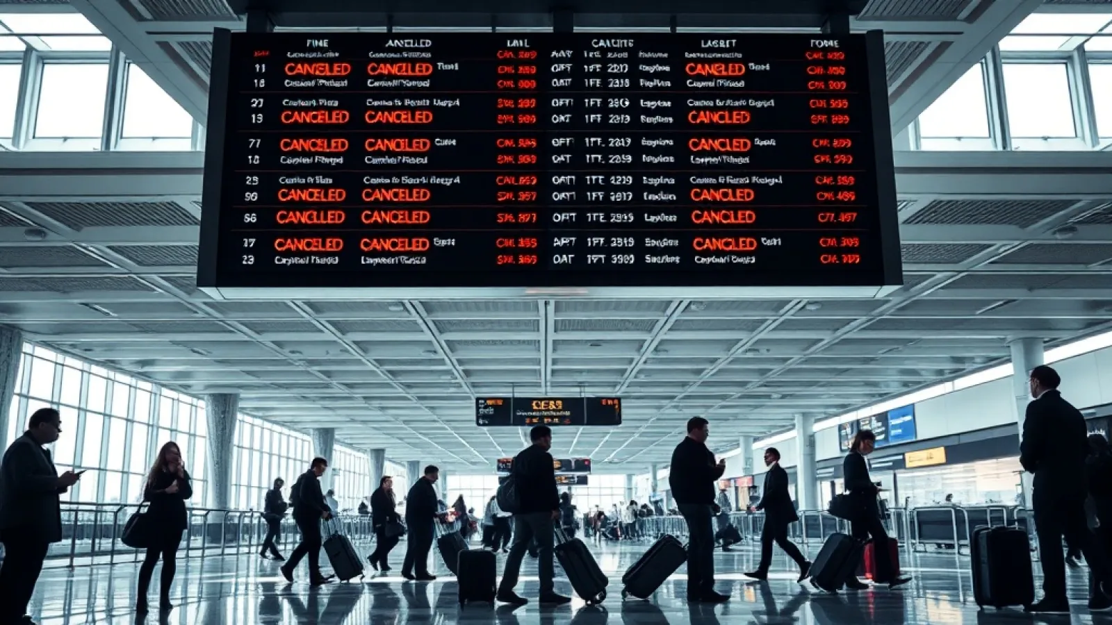 Departure boards at Cyprus airport display multiple flight cancellations due to Middle East security concerns.