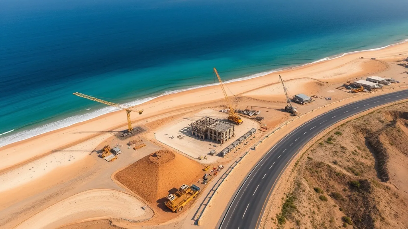 Aerial view of the new ibis North Coast Sidi Kerir hotel under construction on Egypt's Mediterranean coastline near Alexandri