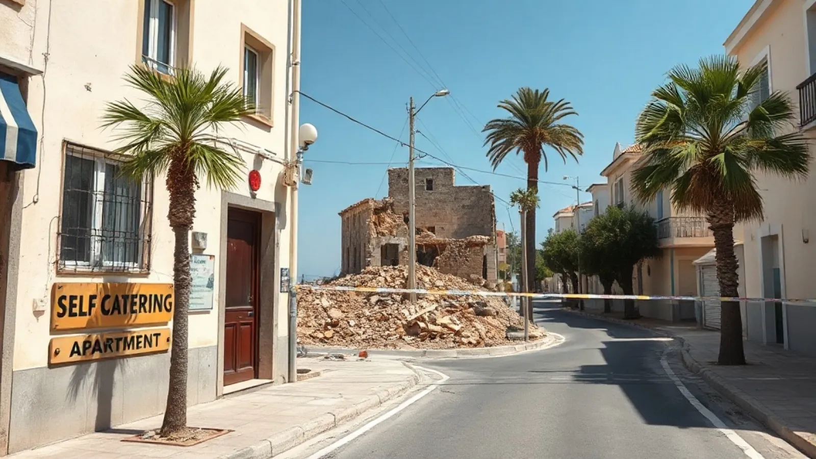Unlicensed hotel buildings in Cyprus with warning tape and regulatory documents, illustrating licensing compliance issues.