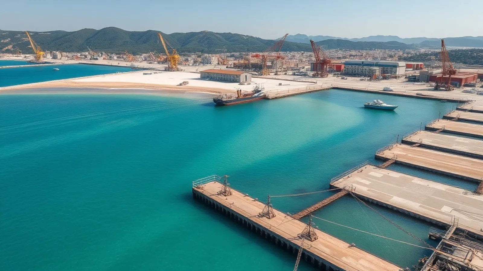 Albanian coastal development site with modern infrastructure plans overlooking the Adriatic Sea.