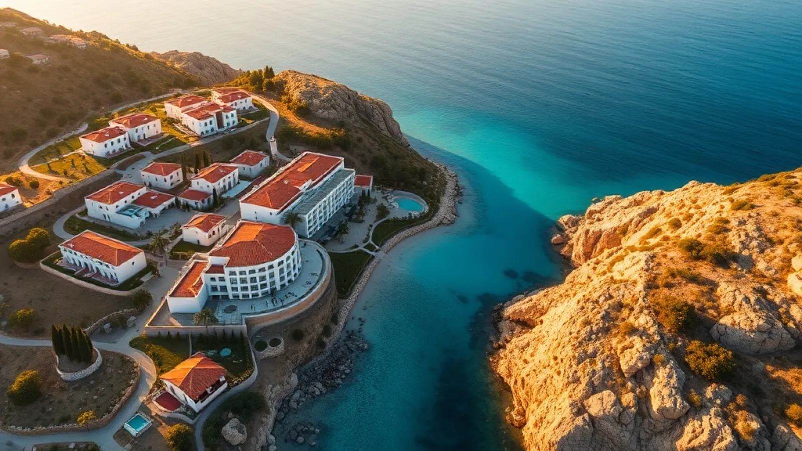 Aerial view of Lalzit Bay construction site with Mediterranean coastline and foundation work for the new luxury resort develo