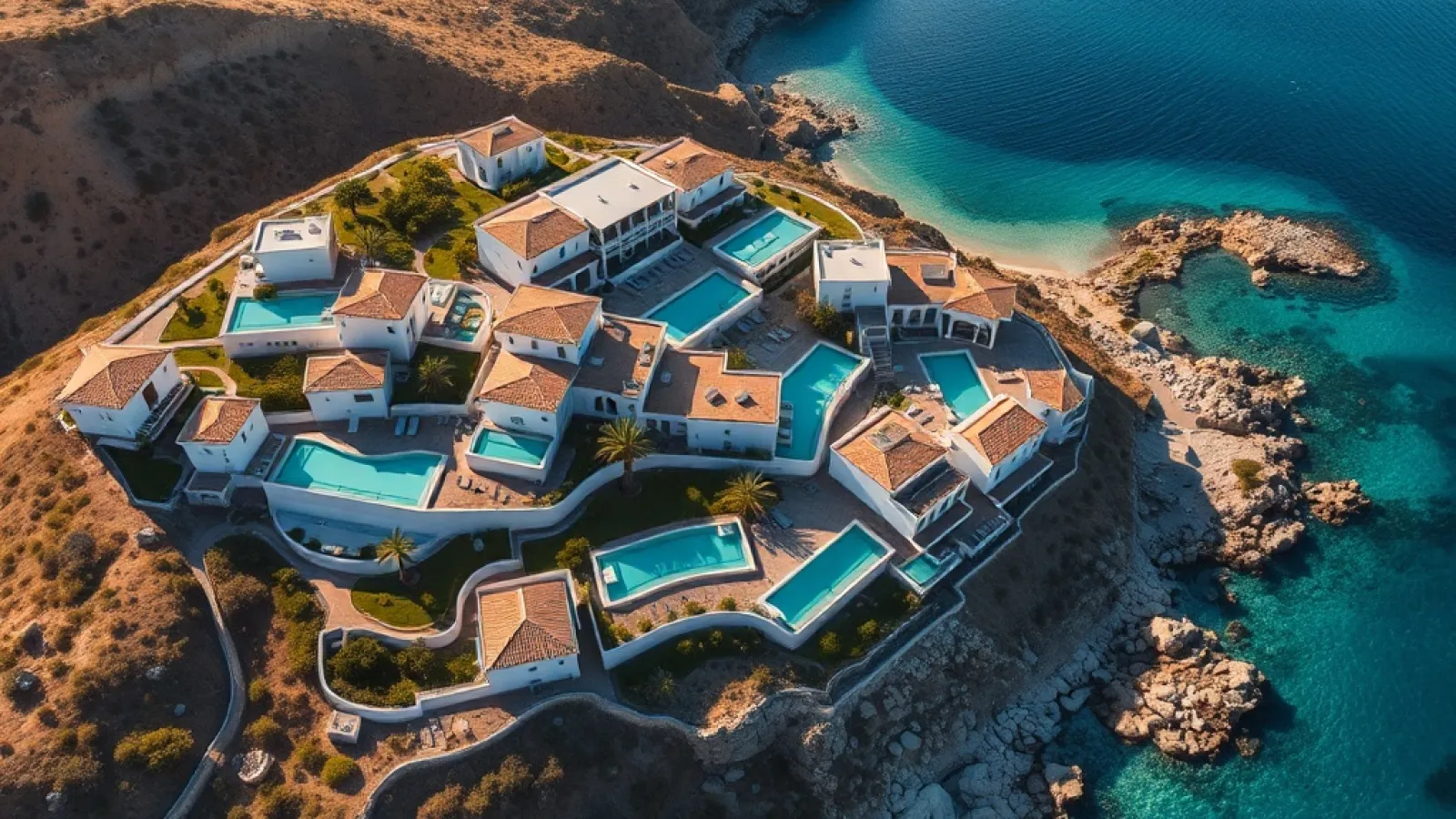 Aerial view of Mandarin Oriental Bodrum luxury resort on the Turkish coastline with Mediterranean Sea and surrounding landsca