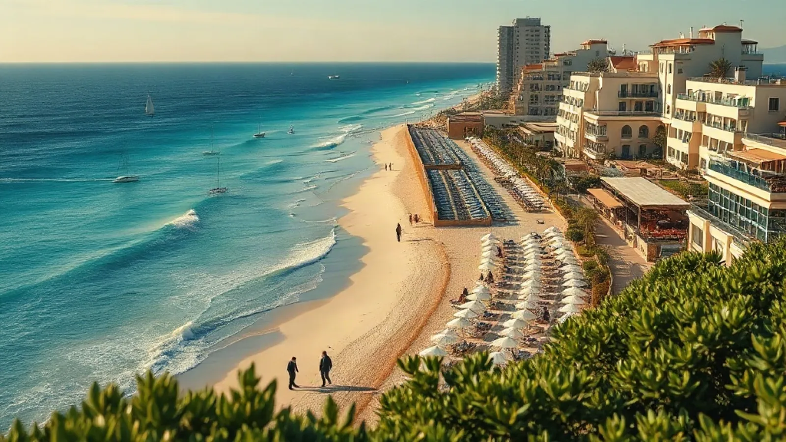 Antalya beachfront hotels with blue Mediterranean Sea and palm trees during peak COP31 climate summit season.