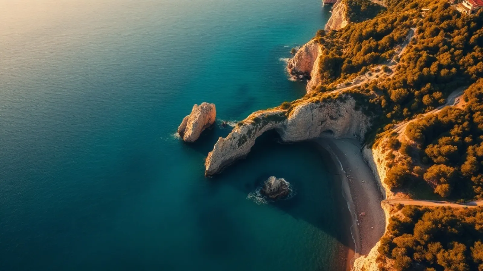 Aerial view of Banyan Tree Varko Bay resort nestled along Greece's Ionian coastline with luxury villas and turquoise waters.