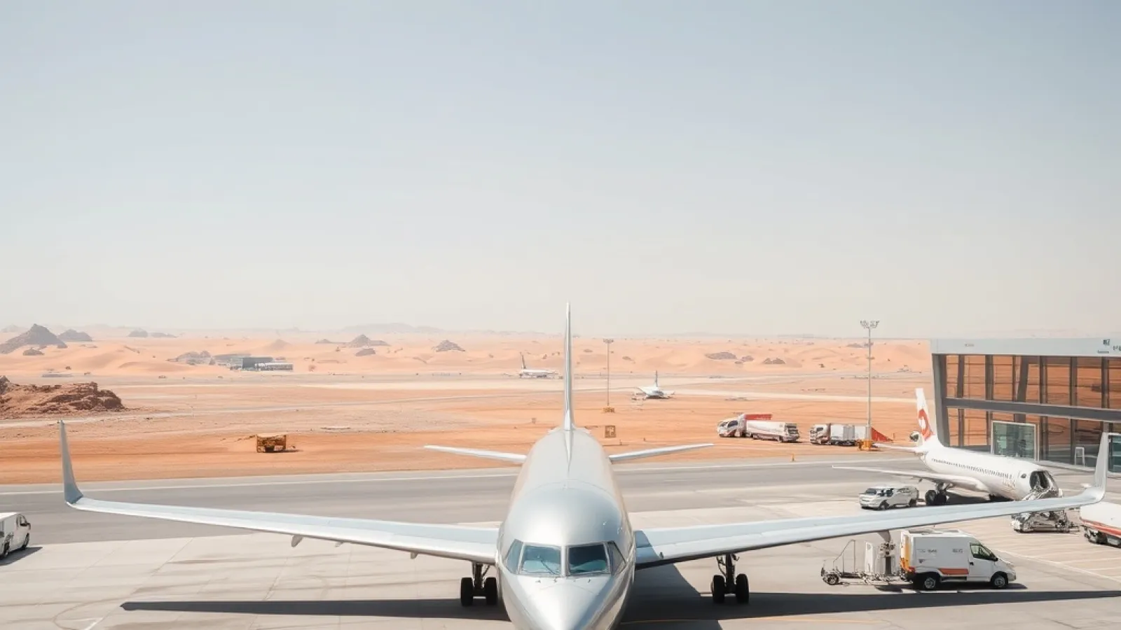 beOnd's all-premium aircraft parked at a modern airport terminal with Red Sea mountains visible in the distance.
