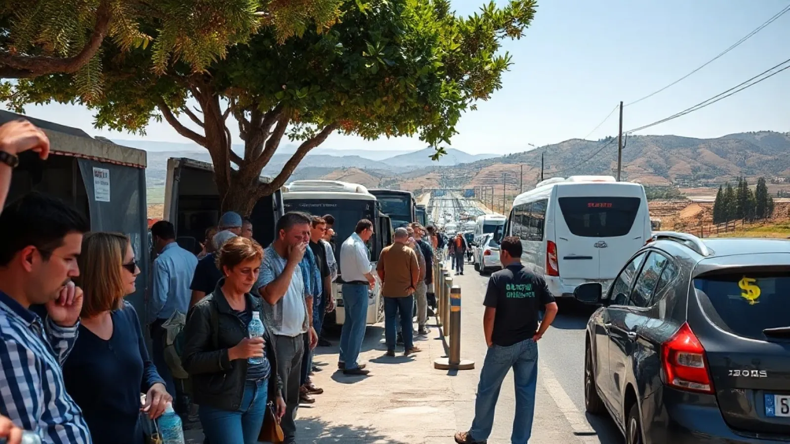 Long queues of vehicles and travelers waiting at the Evzoni border crossing between Greece and North Macedonia during biometr