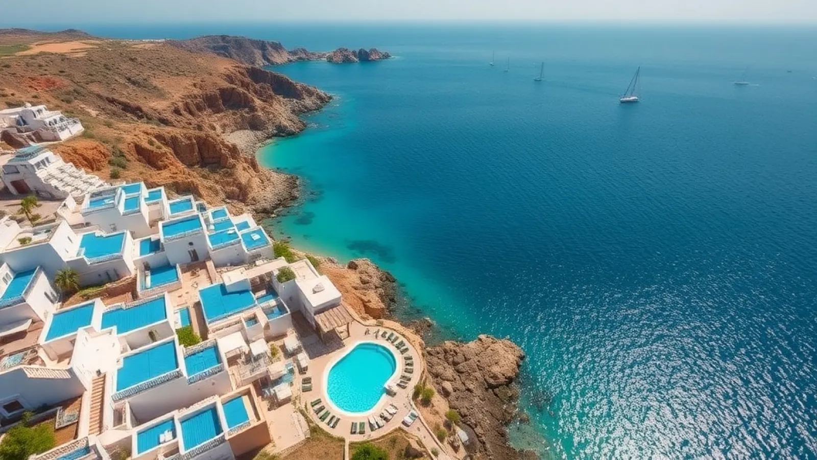 Blackstone's aerial view of the luxury Elounda Blu resort nestled on Crete's coastline with turquoise waters.