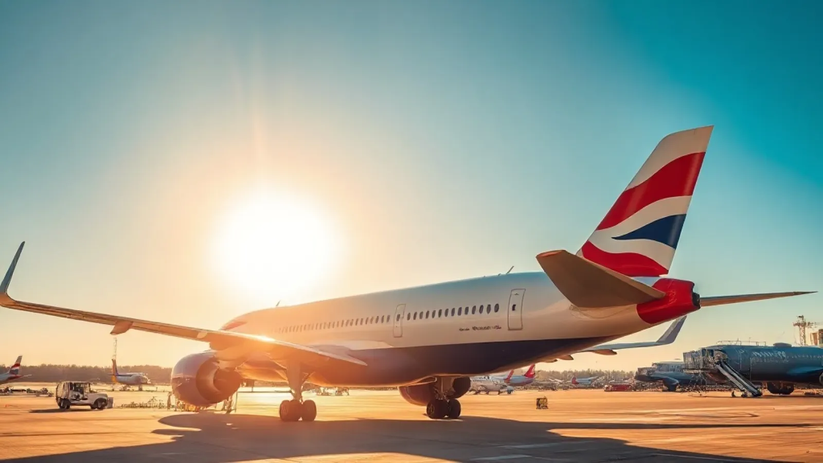 British Airways aircraft parked at an airport terminal with ground crew and service vehicles nearby.
