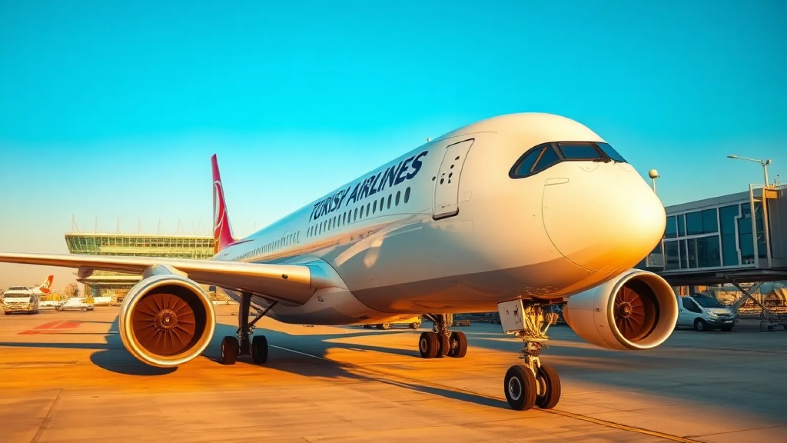 Turkish Airlines' new leadership team, Murat Şeker and Ahmet Olmuştur, stand before the airline's modern fleet during a strat