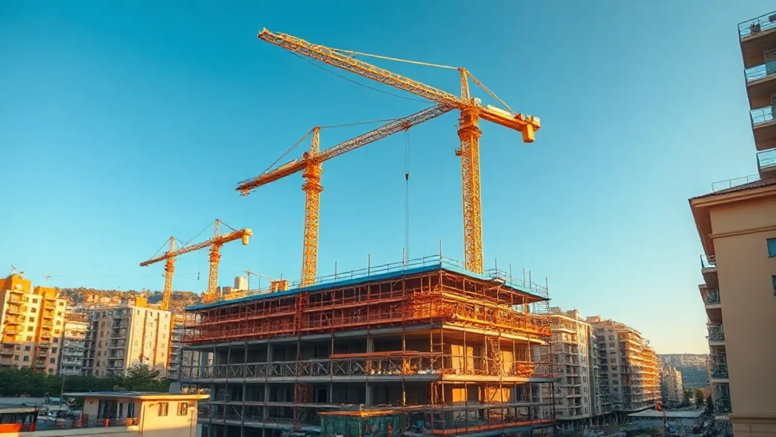 New hotel construction sites in Cyprus with cranes and building frameworks visible across urban and coastal landscapes.