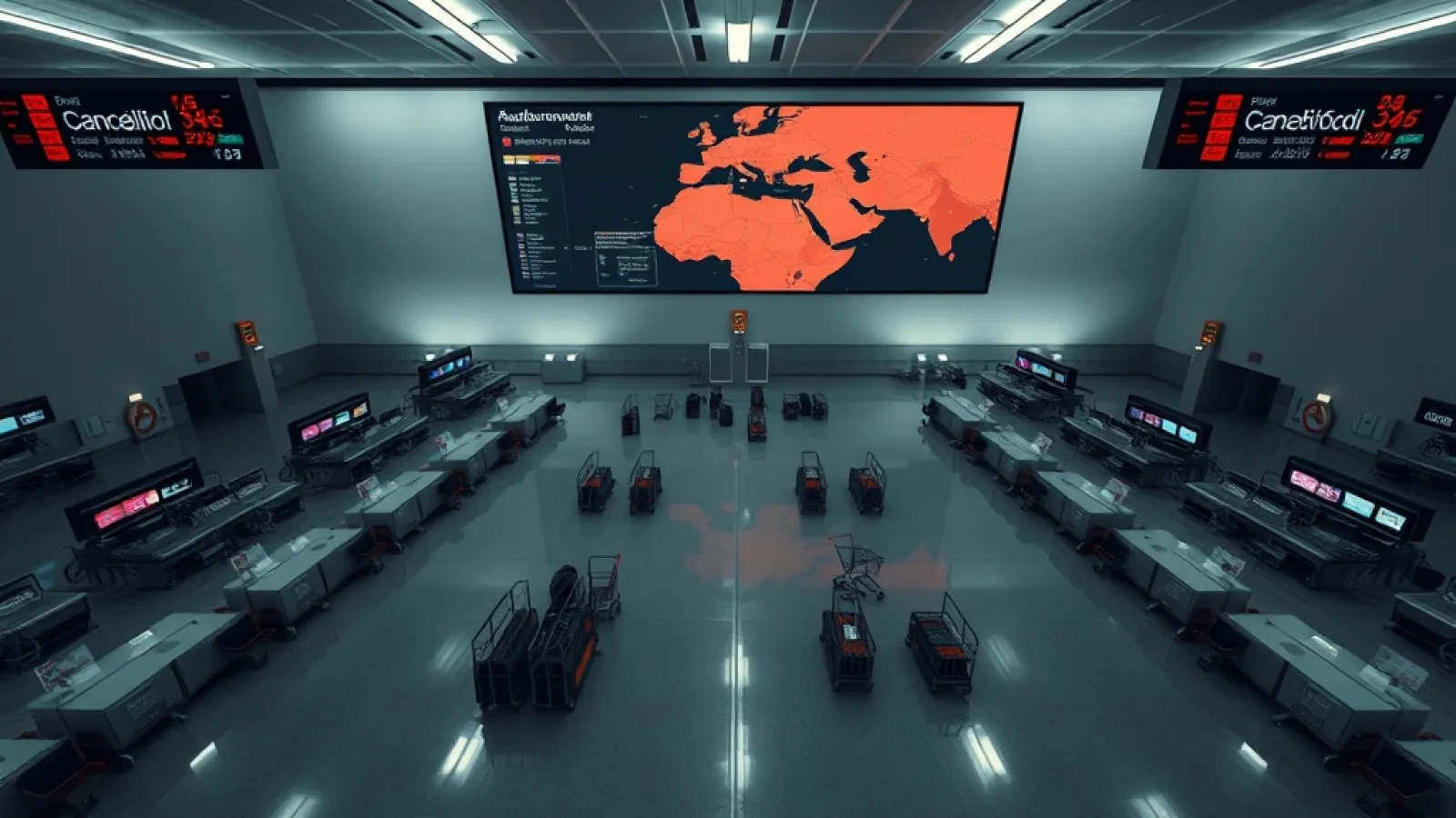 Empty airport terminal with minimal travelers and departure boards showing cancelled flights during off-peak hours.