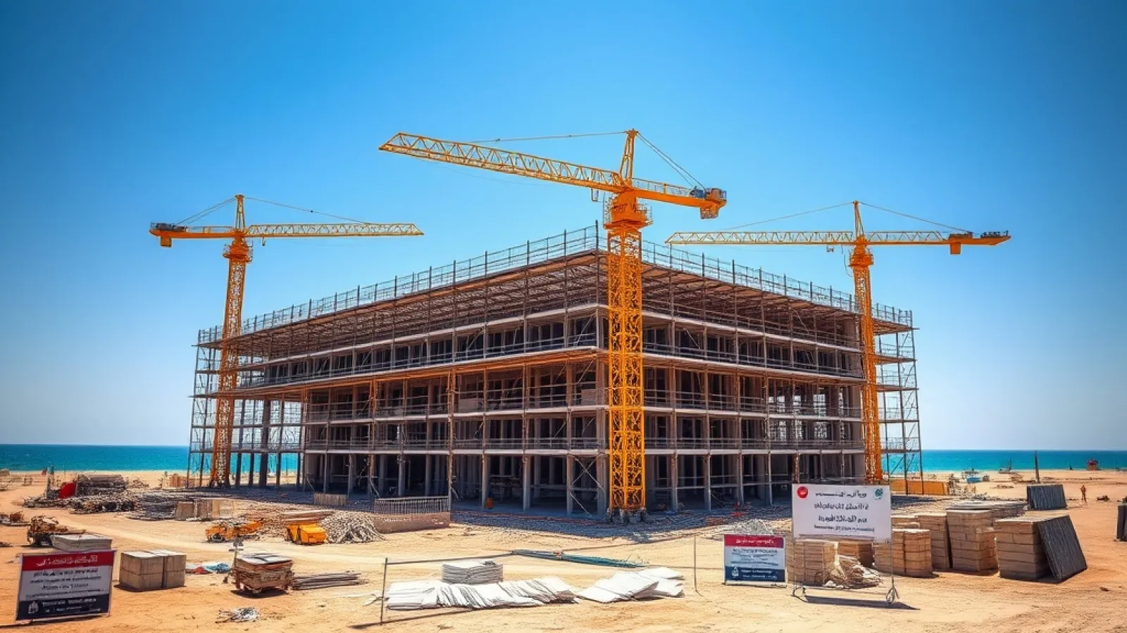 Egyptian hotel developers present expansion plans showing modern resort architecture and construction sites across the Nile V