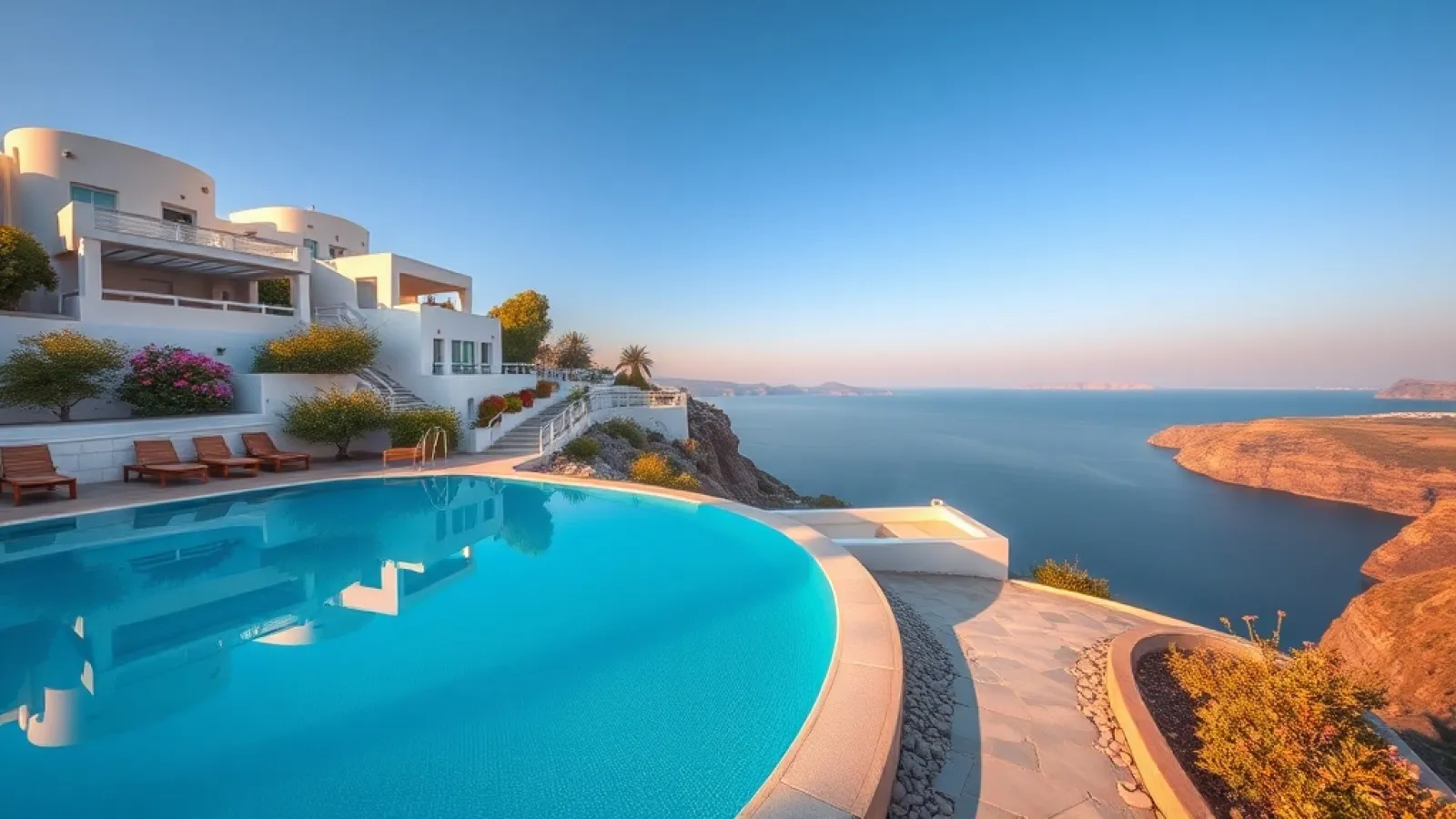Greek coastal town with Mediterranean architecture overlooking turquoise waters during golden hour sunset.