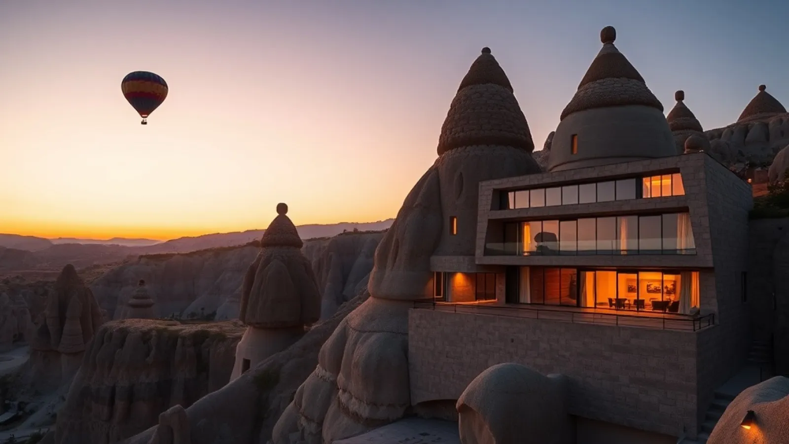 A modern luxury hotel nestled in the historic Cappadocia region of central Turkey, featuring traditional architecture and cav