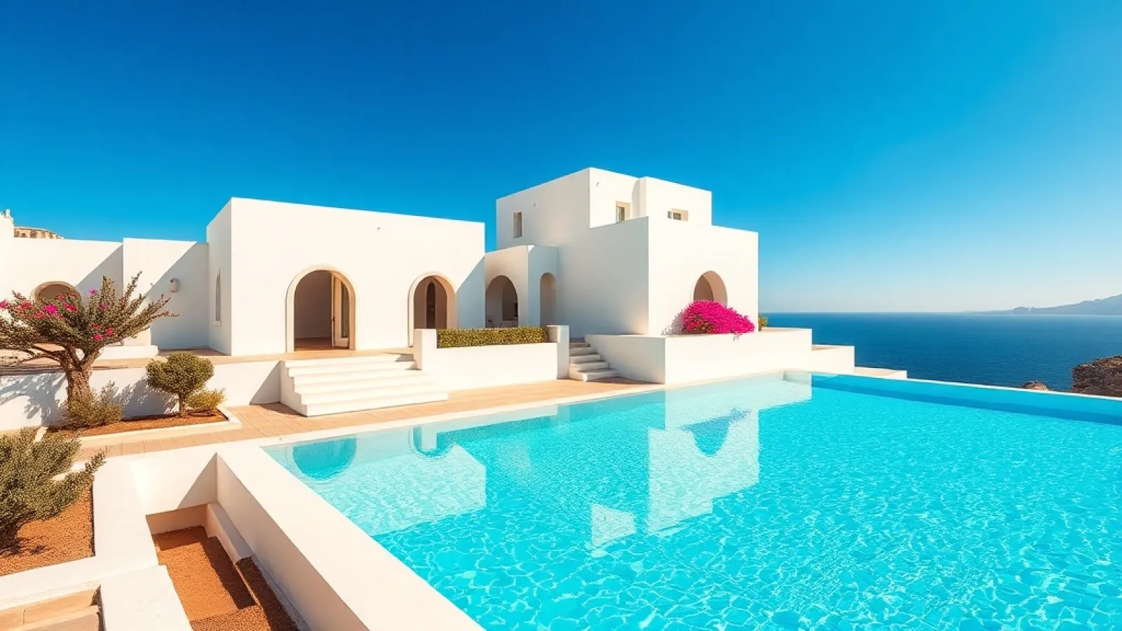 Four Seasons Hotel Mykonos exterior overlooking the Aegean Sea with white-washed architecture and blue accents.