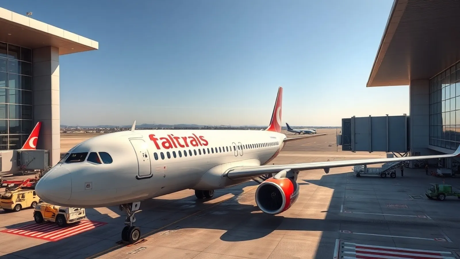 Turkish Airlines charter plane on runway with Antalya coastal resort destination in background.