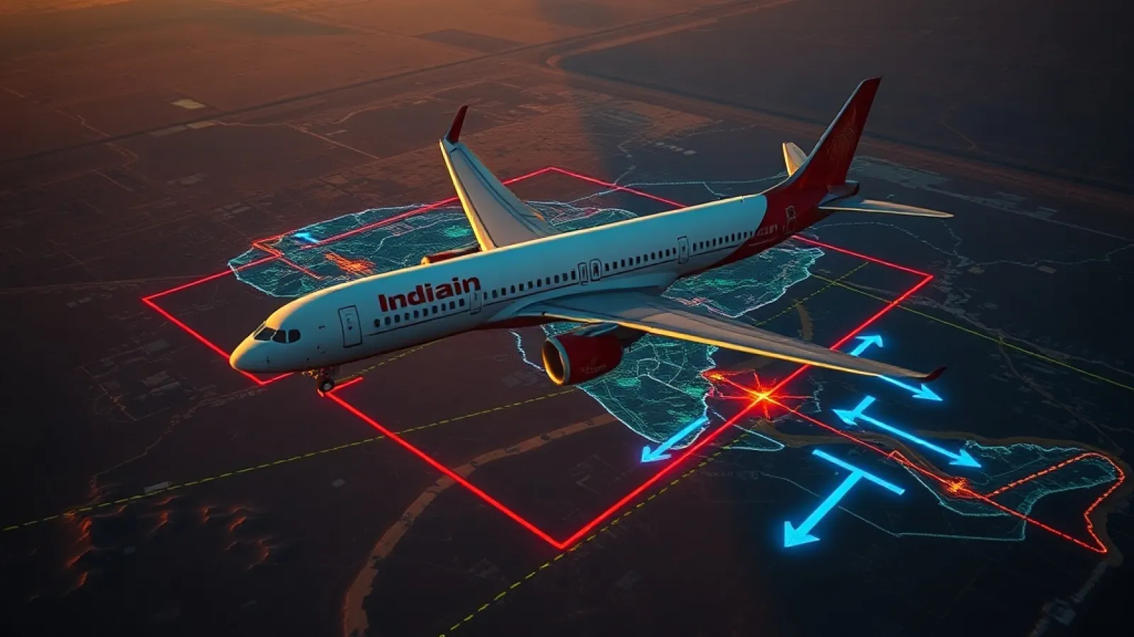 Commercial aircraft flying over Middle Eastern airspace with warning lights and flight paths displayed on a navigation screen