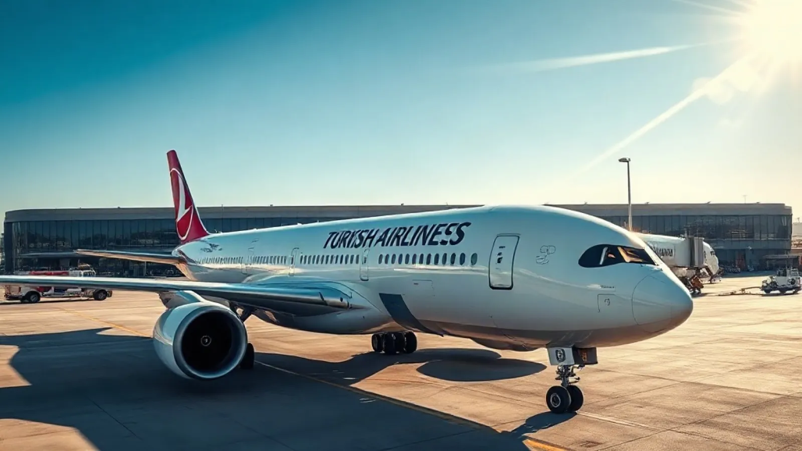 Turkish Airlines aircraft flying over ocean en route to Sydney with Istanbul skyline visible in distance.
