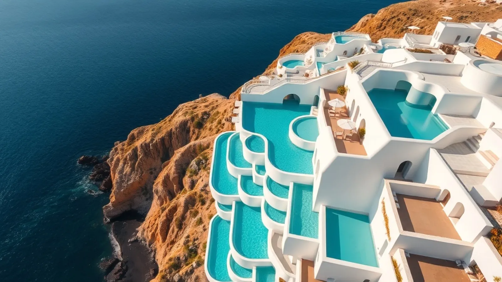 Aerial view of Sandblu Santorini luxury resort nestled on a cliffside overlooking the Aegean Sea in Kamari.