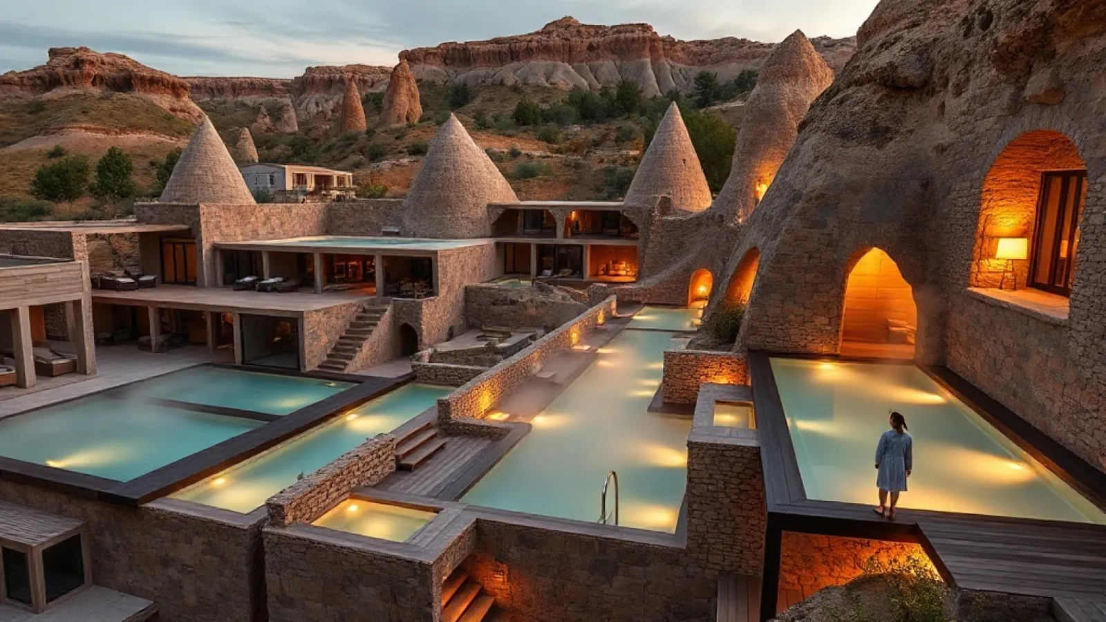Luxury thermal resort nestled among Cappadocia's distinctive fairy chimneys and rock formations in Türkiye.