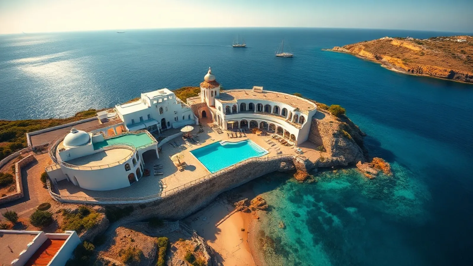 Kove Hotel & Spa's whitewashed exterior and pool overlooking the Aegean Sea on Mykonos.