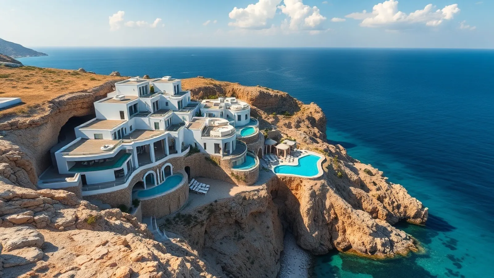 St. Regis luxury resort under construction on a coastal cove in Bodrum, Turkey, with modern architecture overlooking turquois