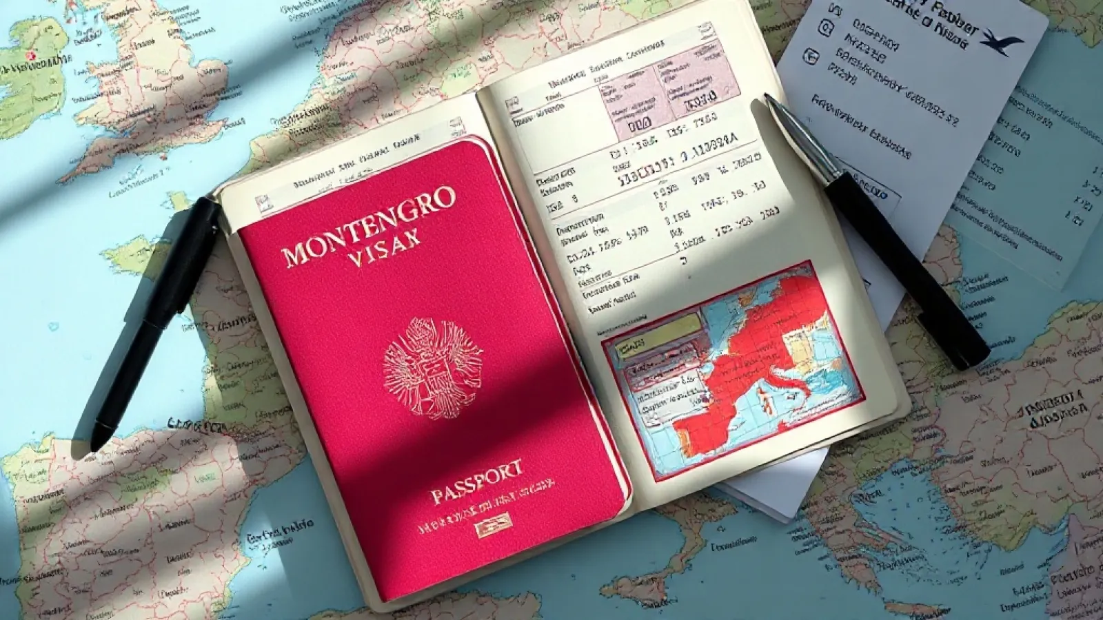 Montenegro's flag flies above a coastal town nestled between mountains and the Adriatic Sea.
