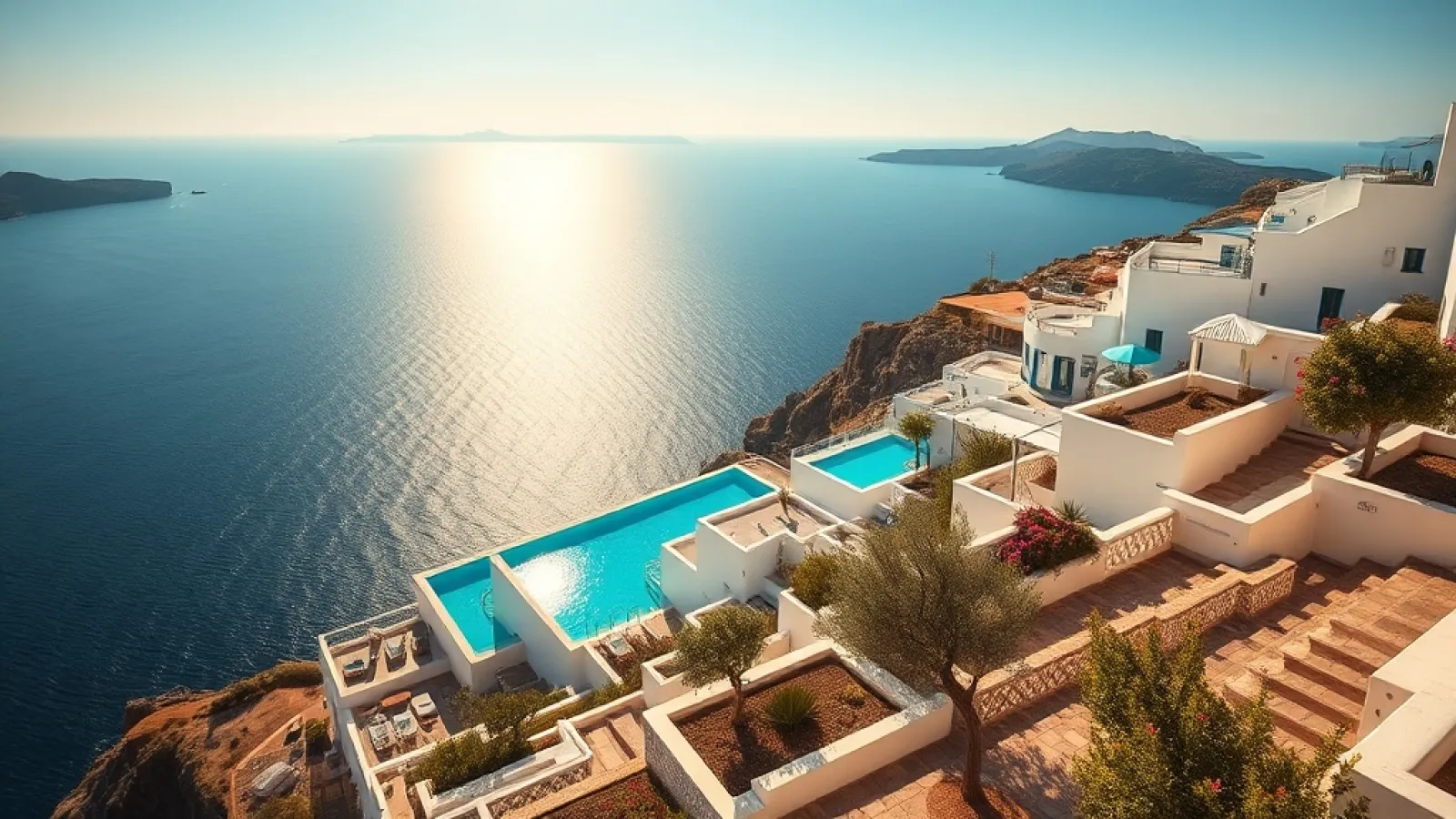 Aerial view of Four Seasons Mykonos cliffside resort with white architecture, infinity pools, and private beach on Kalo Livad