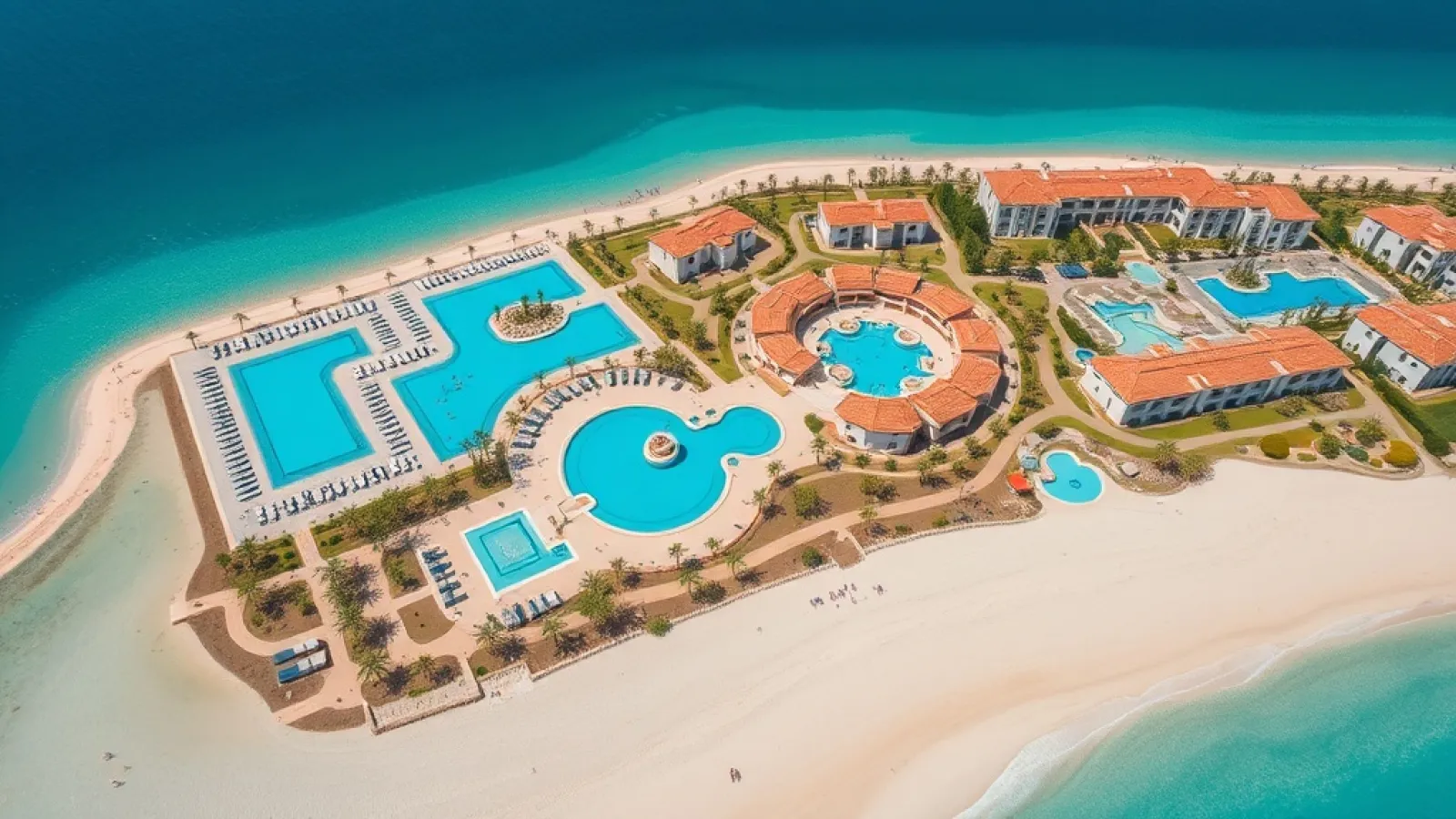 Aerial view of Rixos Murjana resort's beachfront property with waterpark and villas in King Abdullah Economic City.