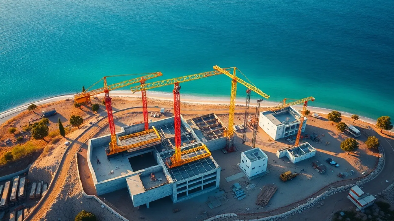 Luxury resort complex with modern architecture overlooking Mediterranean coastline and pools in Greece.