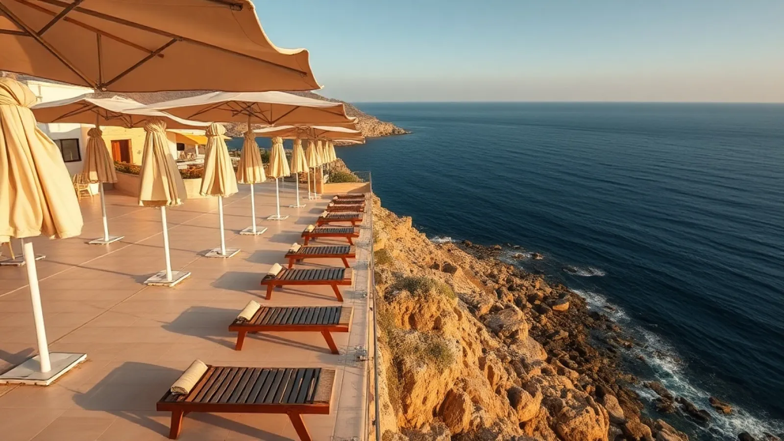 Scorpios Bodrum beach club entrance with Mediterranean Sea view and lounge seating area in Bodrum, Turkey.