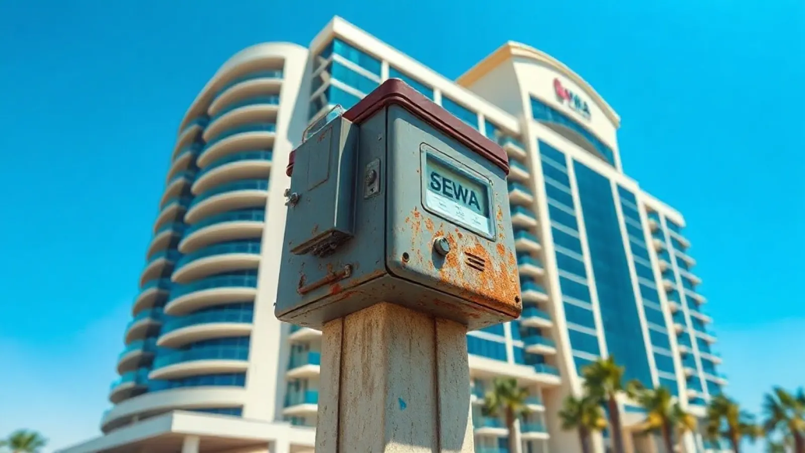 Sharjah SEWA office building with utility infrastructure and tourism business district in background.