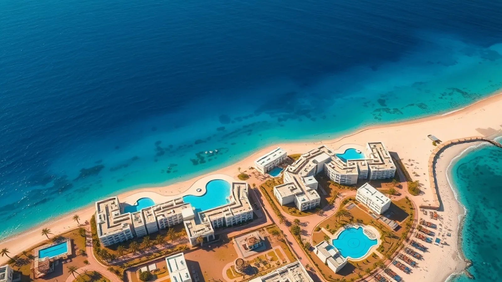 Aerial view of Palace Beach Resort Marassi's beachfront villas and facilities along Egypt's North Coast.