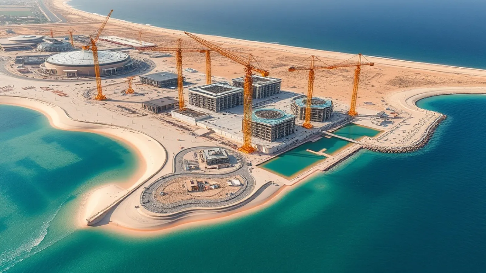 Aerial view of Sharm El Sheikh's beachfront showing multiple hotel development projects under construction.
