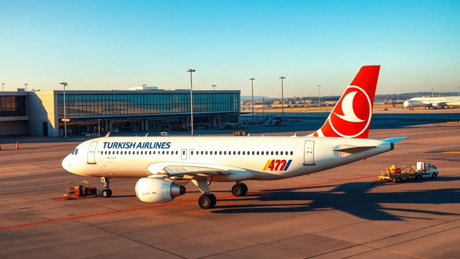 Turkish Airlines aircraft at Timisoara airport with passengers boarding for the new weekly service route.