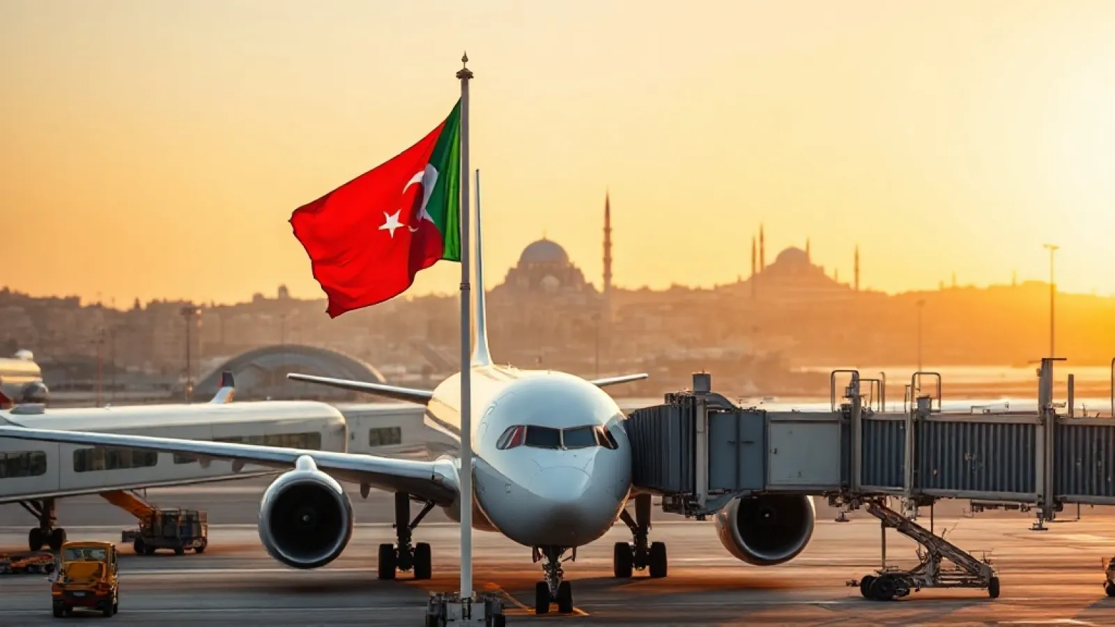 Turkish Airlines aircraft on tarmac with South African flag and Istanbul skyline in background.