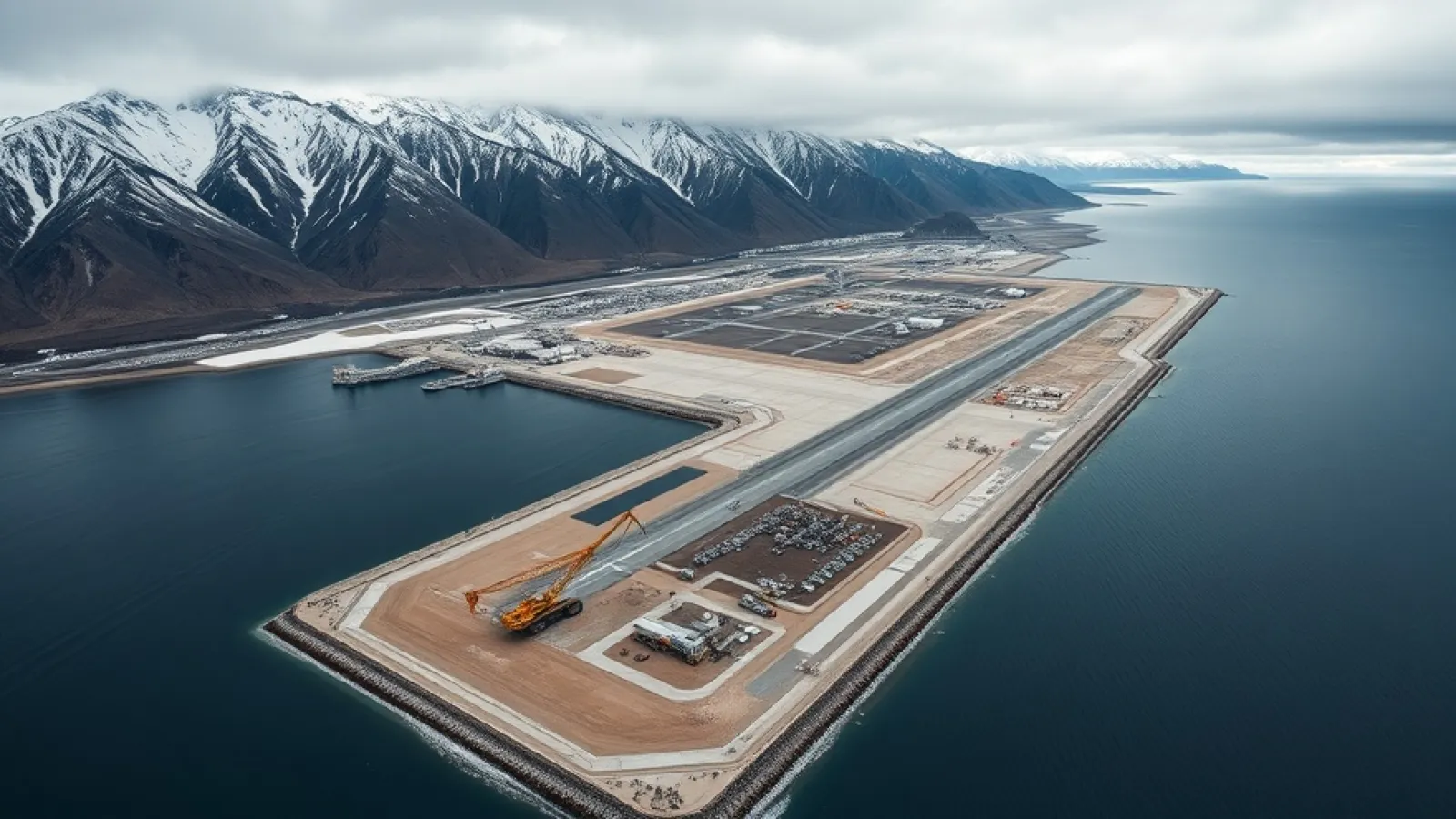Aerial view of Trabzon Airport's expansion project extending into the Black Sea with construction equipment and reclaimed lan