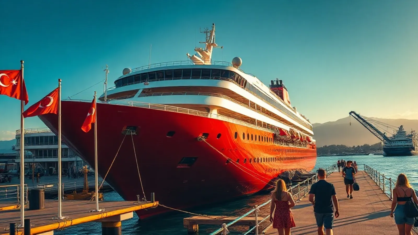 Virgin Voyages' Scarlet Lady cruise ship docked at a Mediterranean port during daytime.