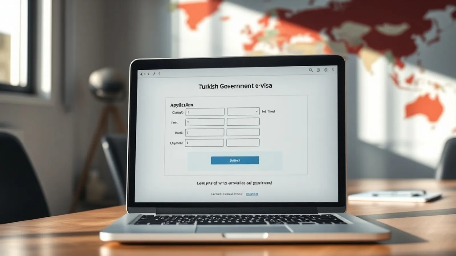 Somali traveler holding passport at computer applying for traditional visa through Turkish embassy instead of e-Visa system.