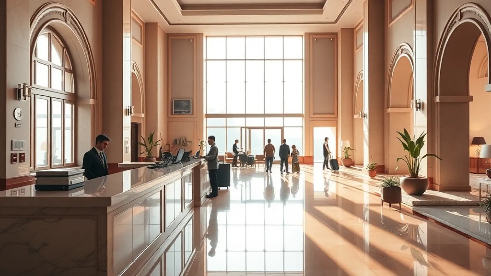 Turkish hotel with guests in modern lobby, representing the country's accommodation sector growth in 2026.