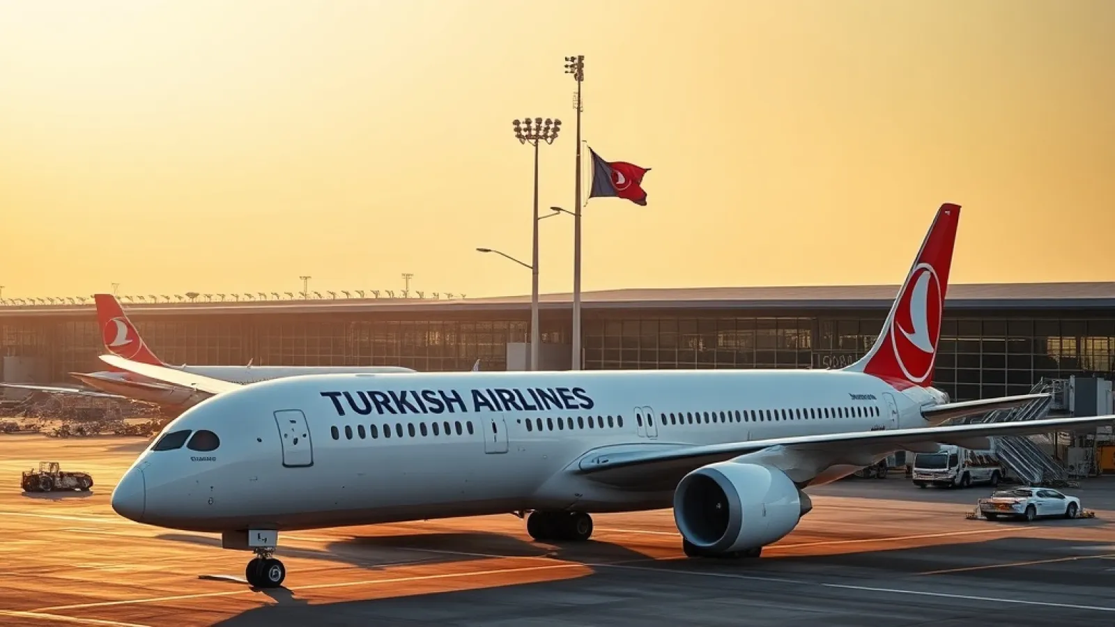 Turkish Airlines aircraft lands at Phnom Penh International Airport with city skyline in background.