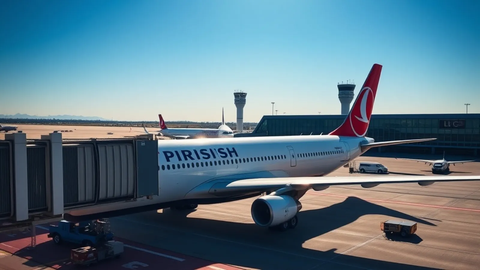 Turkish Airlines aircraft parked at London Stansted Airport terminal with ground support vehicles.
