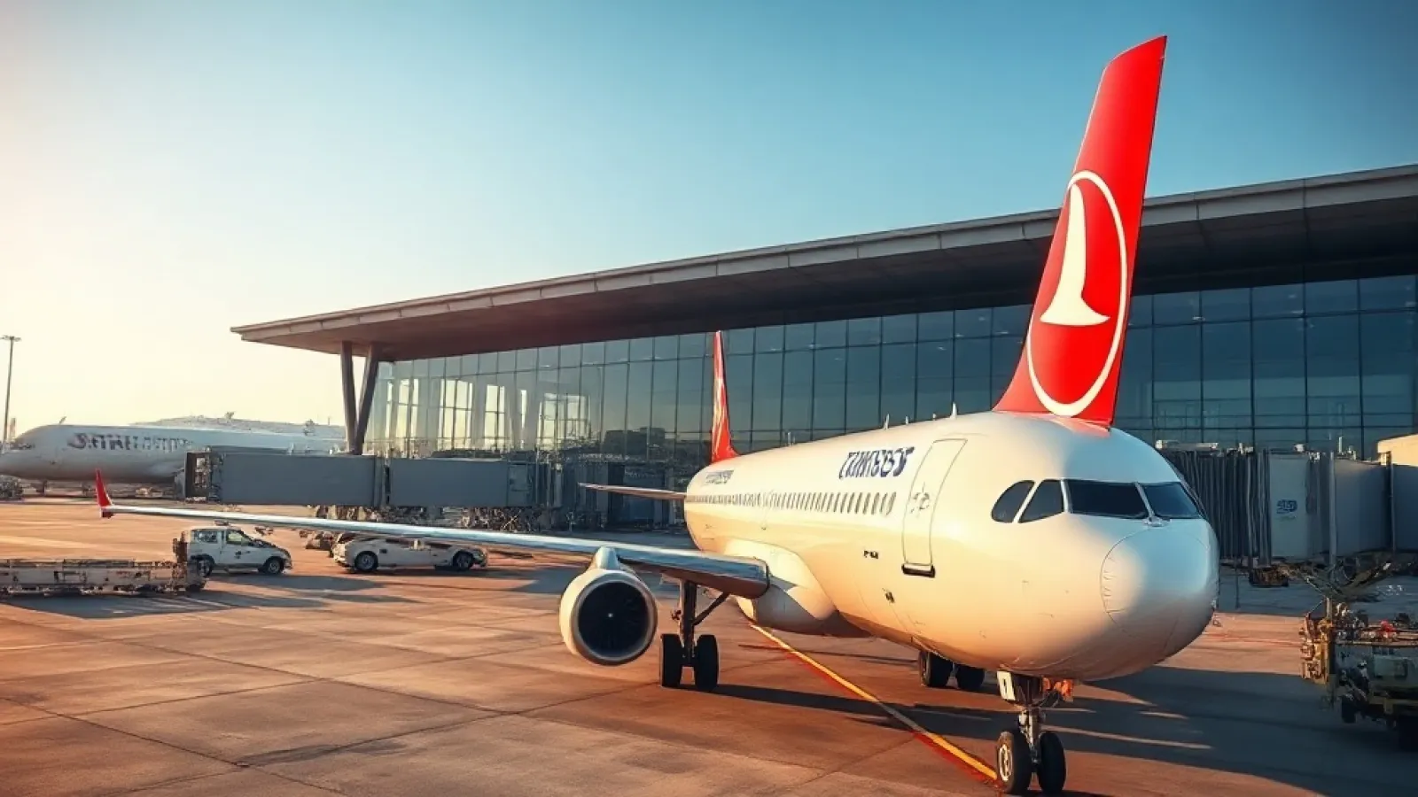 Turkish Airlines aircraft on runway with Timișoara airport terminal in background.