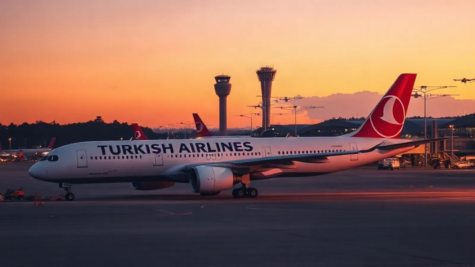 Turkish Airlines Airbus A350 aircraft parked at Sydney Airport terminal with ground service vehicles nearby.