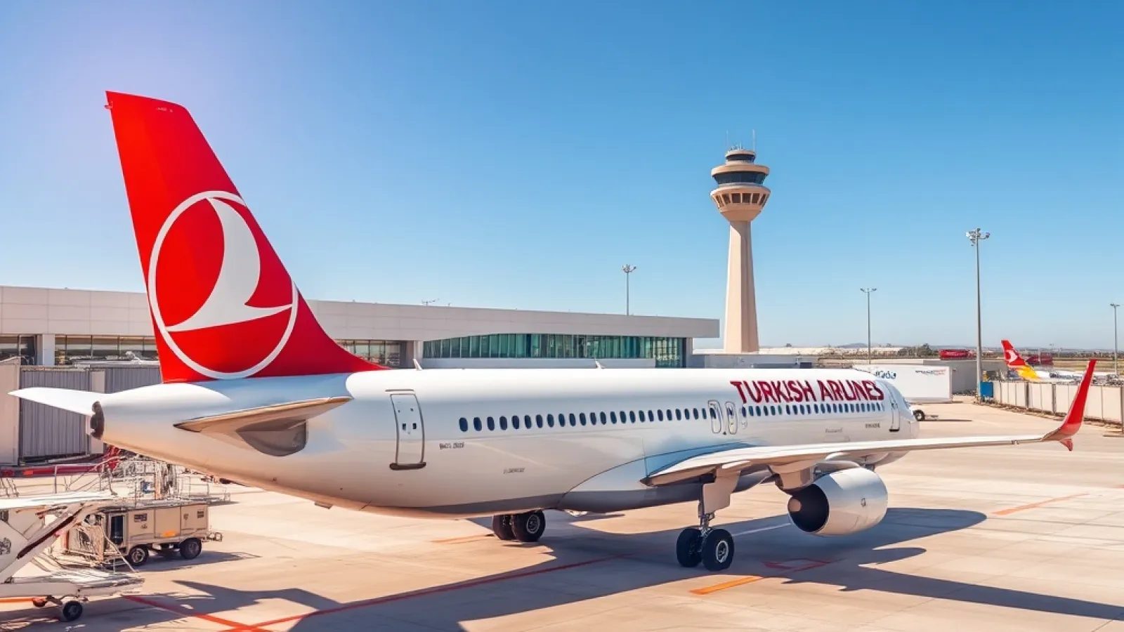 Turkish Airlines Airbus aircraft on tarmac at Istanbul Airport with city skyline in background.