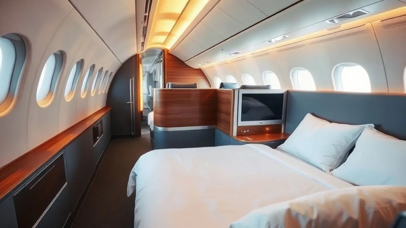 Turkish Airlines' new business class suite features lie-flat seats with direct aisle access in a modern cabin configuration.