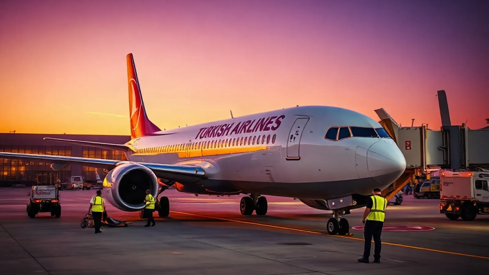 Turkish Airlines aircraft parked at Istanbul airport with maintenance facilities visible in background.