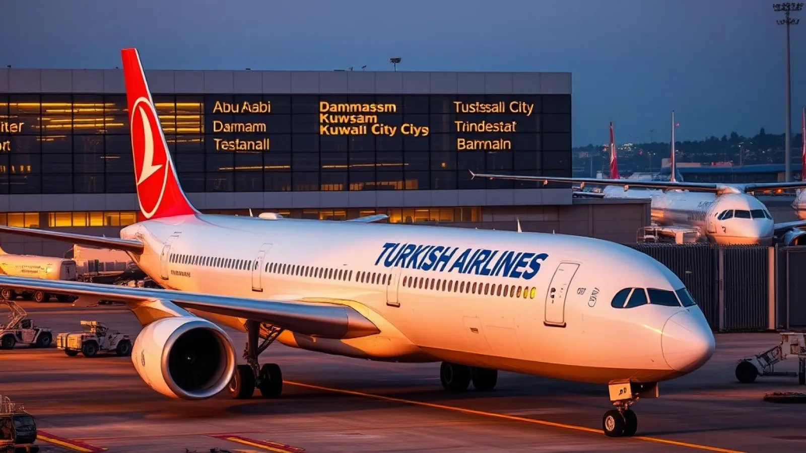 Turkish Airlines aircraft parked at Istanbul airport with ground crew preparing for Gulf route resumption.