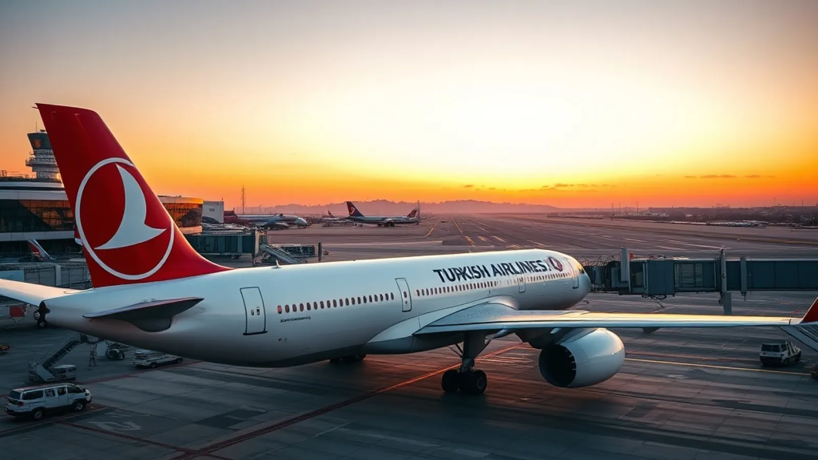 Turkish Airlines aircraft on tarmac with ground crew preparing for departure to Middle Eastern destinations.