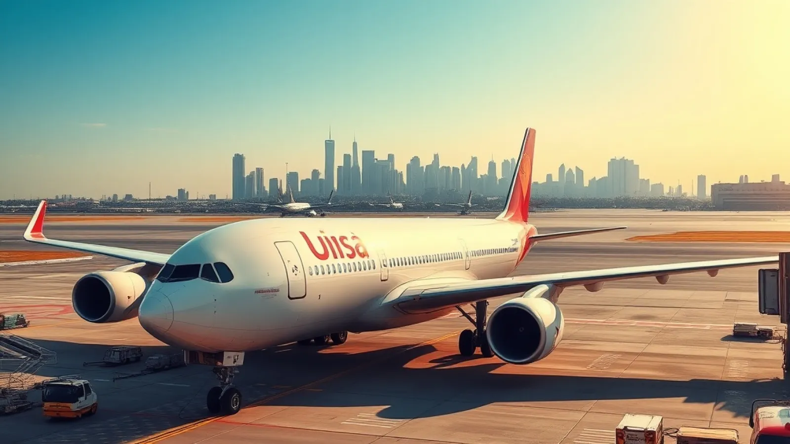 Turkish Airlines aircraft taking off from Istanbul airport with city skyline in background.
